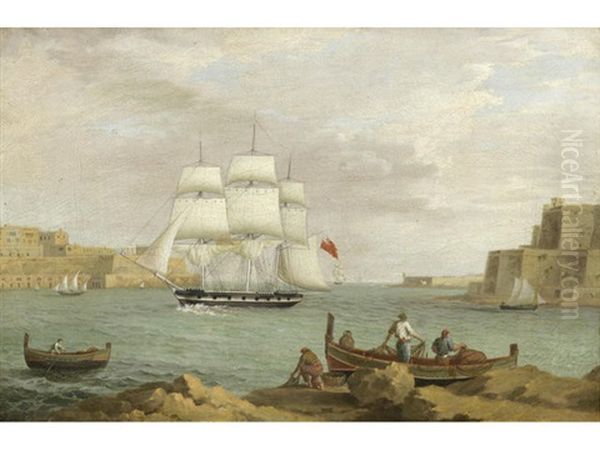 An Eastindiaman Entering The Harbour At Valetta, Malta Oil Painting by Anton Schranz the Younger