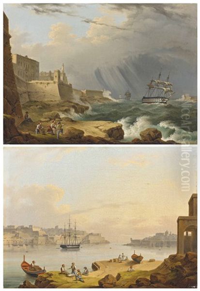 A British Frigate Rounding Senglea Point, Valletta, Malta During A Storm; And Valletta Harbour, Malta, With A Fifty-two-gun Fourth-rate Ship At Anchor (pair) Oil Painting by John or Giovanni Schranz