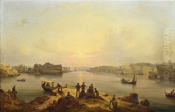 View Of The Grand Harbour Of Valletta, Malta, From Corradino Oil Painting by John or Giovanni Schranz