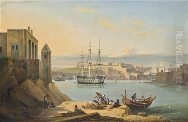 The Flagship, H.m.s. Asia, Lying At Anchor In The Grand Harbour, Valetta, Malta Oil Painting by John or Giovanni Schranz