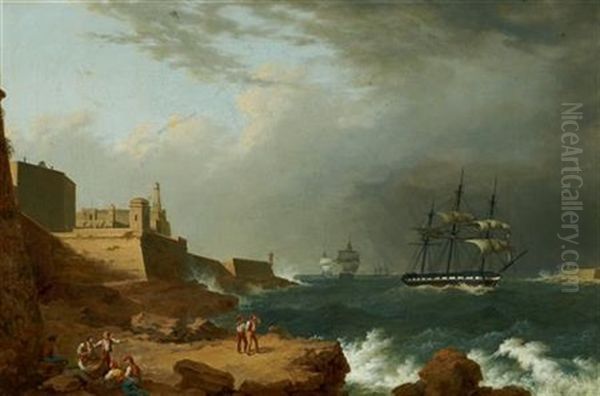 A British Frigate Entering Valletta Harbour During A Storm Oil Painting by John or Giovanni Schranz