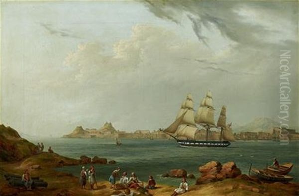 A British Frigate Leaving Valletta Harbour Oil Painting by John or Giovanni Schranz