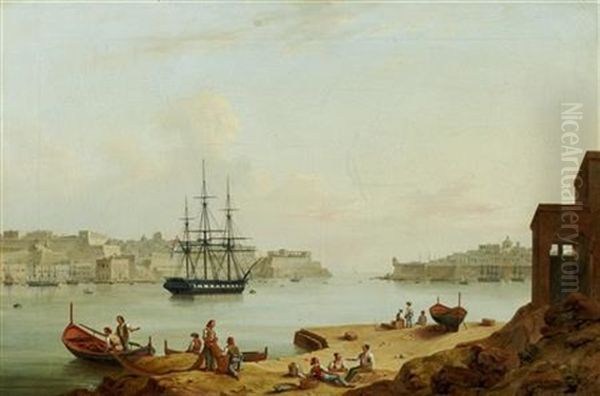 A British Frigate At Anchor In Valletta Harbour Oil Painting by John or Giovanni Schranz