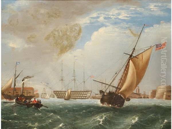 British Men-o-war At Anchor Within Harbours With Other Shipping (pair) Oil Painting by John or Giovanni Schranz