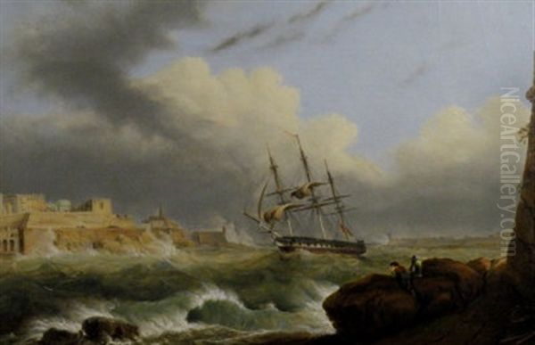 A British Battleship Caught In A Swell In Valletta Harbor, Malta Oil Painting by John or Giovanni Schranz