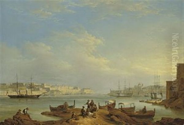 A View Of Grand Harbor, Valetta, From Corradino, With The British 1st Rate Howe Lying At Anchor Off Senglea Oil Painting by John or Giovanni Schranz