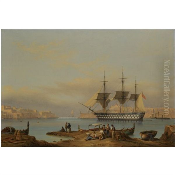 Hms "rodney" In The Grand Harbour At Valetta Oil Painting by John or Giovanni Schranz