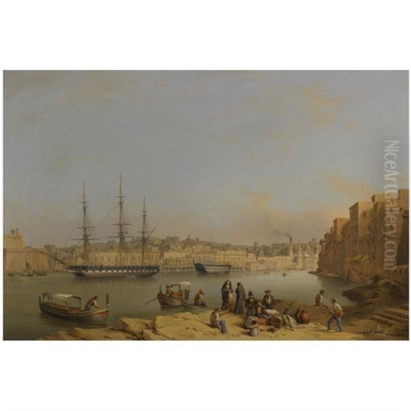 Hms "leander" At Anchor In Dockyard Creek, Valetta Harbour, A Man-of-war Being Fitted Out Beyond Oil Painting by John or Giovanni Schranz