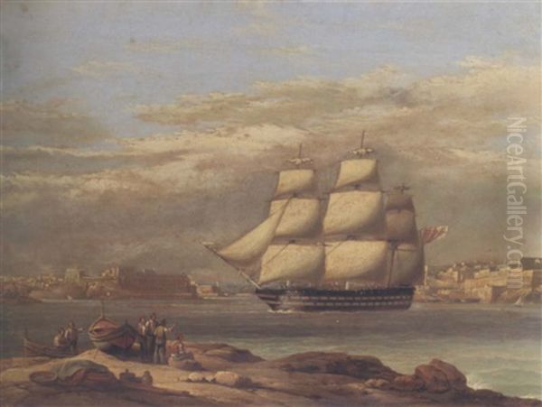 A British Ship Entering Valetta Harbour Oil Painting by John or Giovanni Schranz