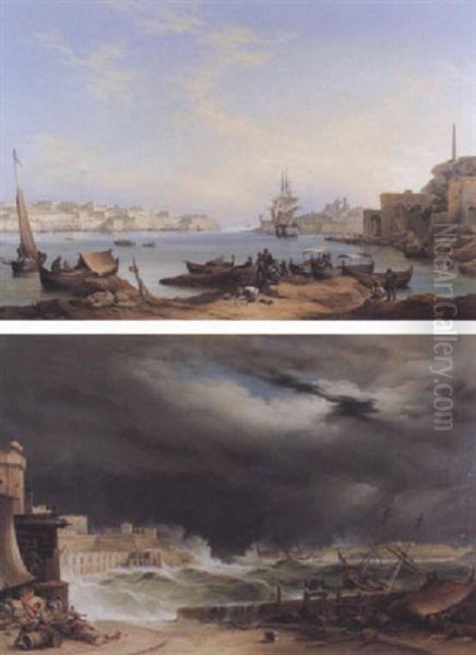 View Of Grand Harbour, Valetta From Corradino Oil Painting by John or Giovanni Schranz