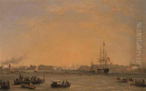 The Grand Harbour, Valetta, Malta, With A British Man Of War Oil Painting by John or Giovanni Schranz