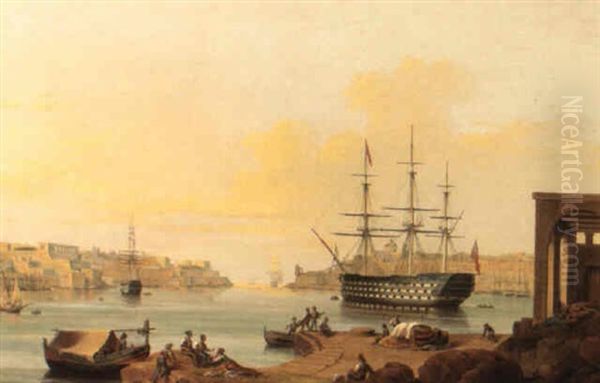 H.m.s. Howe In Grand Harbour, Valetta, Malta Oil Painting by John or Giovanni Schranz