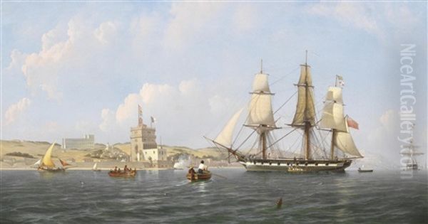 An English Frigate Arriving In The Tagus Off The Belem Tower; An English Frigate Hove-to Off The Southern Bank Of The Tagus (pair) Oil Painting by Joseph Schranz