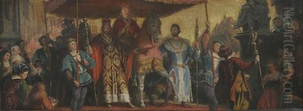 Festzug. Kaiser, Konig Und Der Berittene Papst Unter Einem Baldachin, Im Hintergrund Eine Burganlage (design For A Mural In The Speyer Cathedral) Oil Painting by Johann von Schraudolph