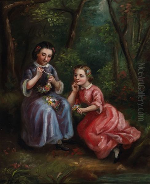 Young Girls Making Flower Crowns Oil Painting by Charlotte Mount Brock, Miss Schreiber