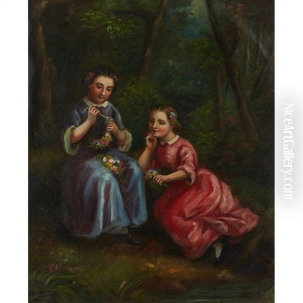 Young Girls Making Flower Crowns Oil Painting by Charlotte Mount Brock, Miss Schreiber