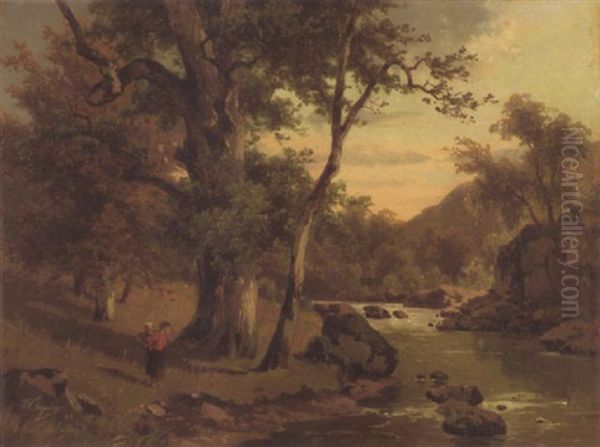 Mutter Mit Kind An Einem Waldigen Flusufer Oil Painting by Friedrich Wilhelm Schreiner