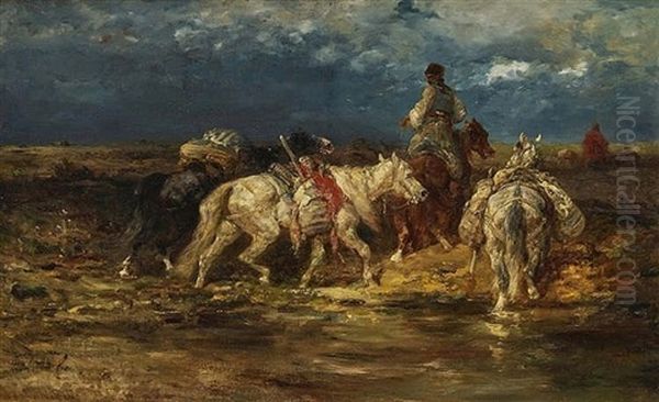Packhorses At The Ford Oil Painting by Adolf Schreyer