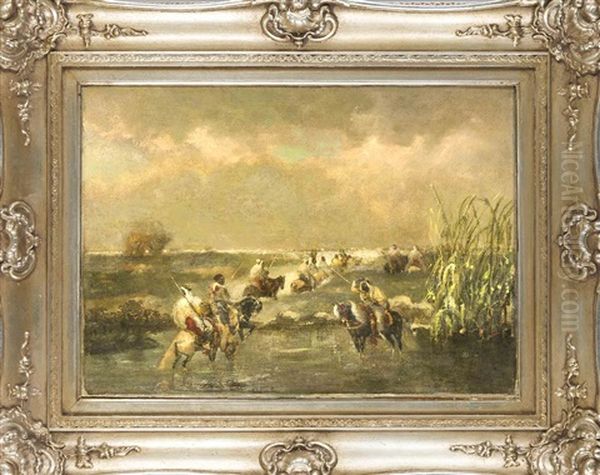 Eine Gruppe Araber Reitet Durch Eine Furt Oil Painting by Adolf Schreyer