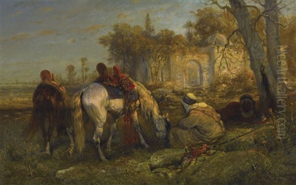 Two Reclining Arabs And Two Tethered Horses Oil Painting by Adolf Schreyer
