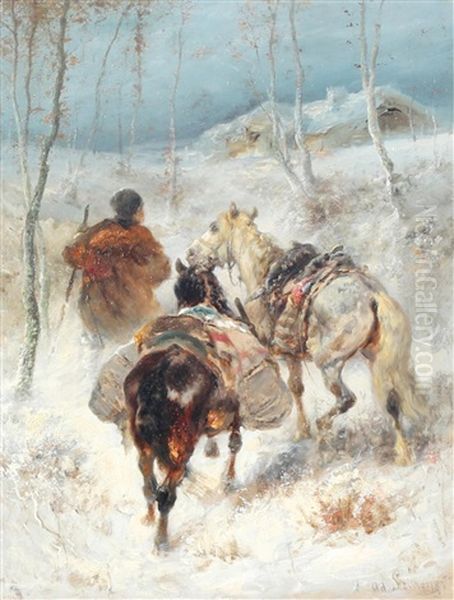 Traveller With Horses Oil Painting by Adolf Schreyer