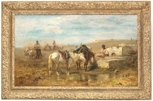 Rast Am Brunnen. In Einer Orientalischen Landschaft Sammeln Sich Reiter Und Ihre Lasttiere An Einer Wasserstelle Oil Painting by Adolf Schreyer