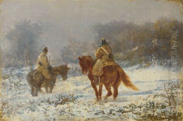 Winterlandschaft Mit Zwei Berittenen Soldaten Oil Painting by Adolf Schreyer