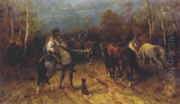 Pferdekoppel In Der Walachei Oil Painting by Adolf Schreyer