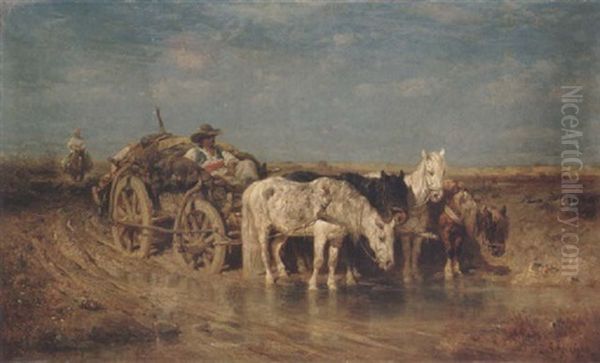 Halt For Water Oil Painting by Adolf Schreyer