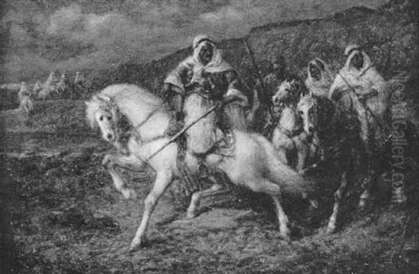 Beduinen Zu Pferde In Weiter Wustenlandschaft Oil Painting by Adolf Schreyer