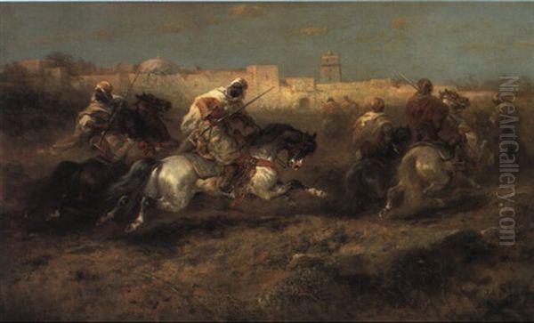 Arabs On The Charge With Fortress Beyond Oil Painting by Adolf Schreyer