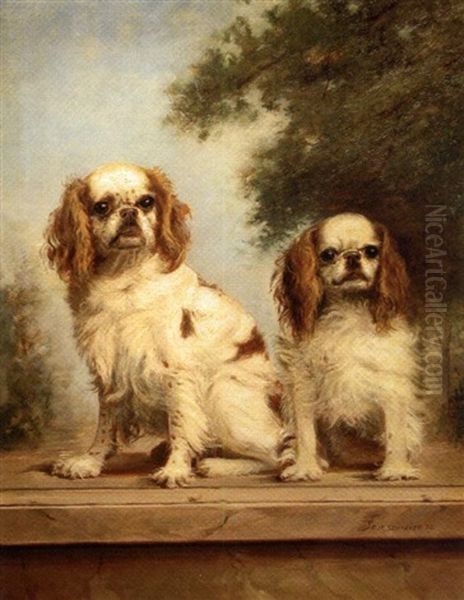 The Garden Wall, Two Cavalier King Charles Spaniels Oil Painting by Claudius W. Schreyer