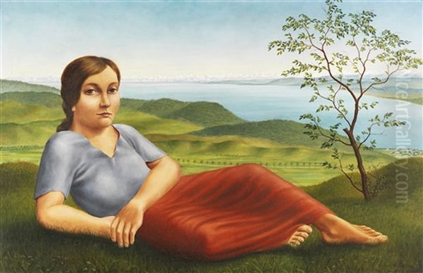 Madchen Vor Seelandschaft Oil Painting by Georg Schrimpf