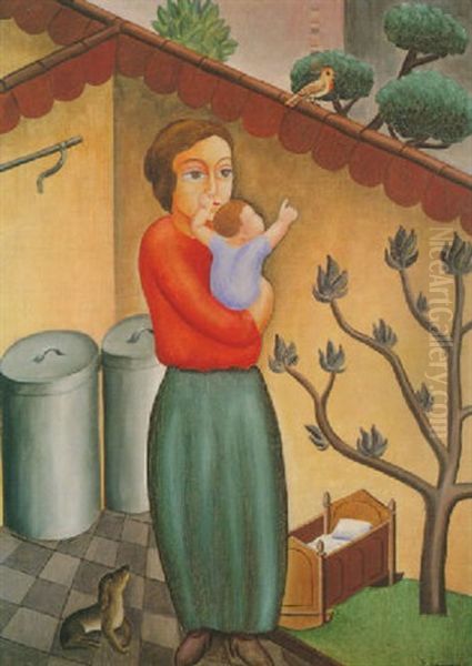 Mutter Und Kind (im Hof) Oil Painting by Georg Schrimpf