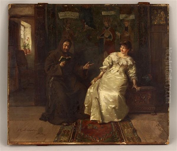 Interior With Monk Reading To Laughing Woman Oil Painting by Albert Friedrich Schroeder