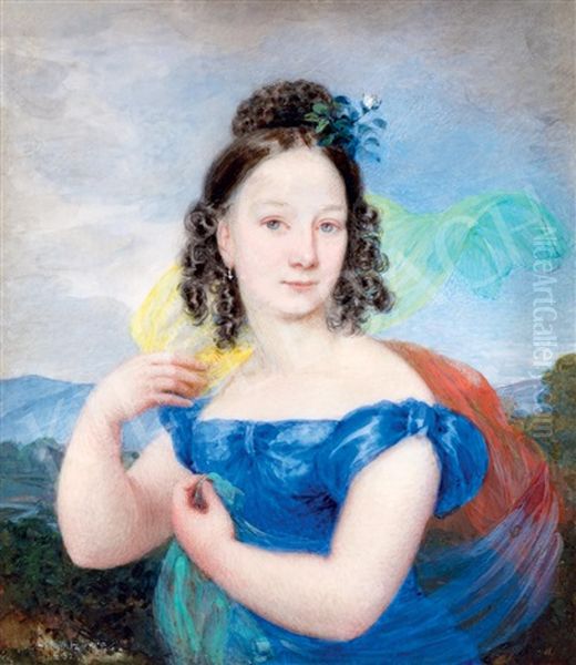 Girl In Blue Dress Oil Painting by Franz Schrotzberg