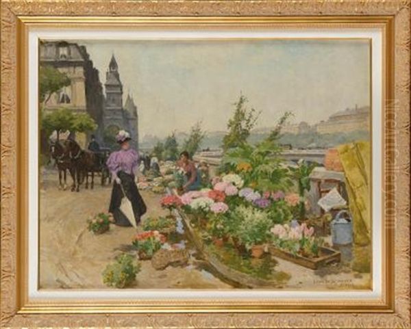 Le Marche Aux Fleurs, Quai De La Corse Oil Painting by Louis Marie de Schryver