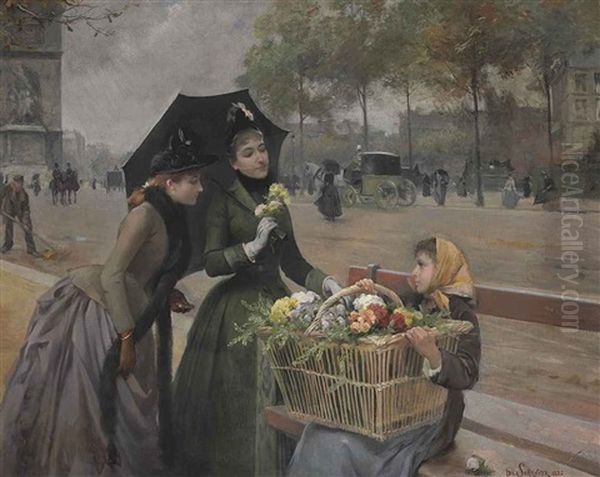 The Little Flower Seller On The Champs-elysees Oil Painting by Louis Marie de Schryver
