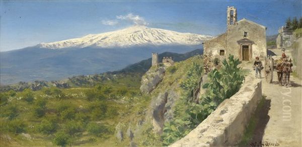 Motiv Aus Taormina Mit Blick Auf Den Atna Oil Painting by Werner Wilhelm Gustav Schuch