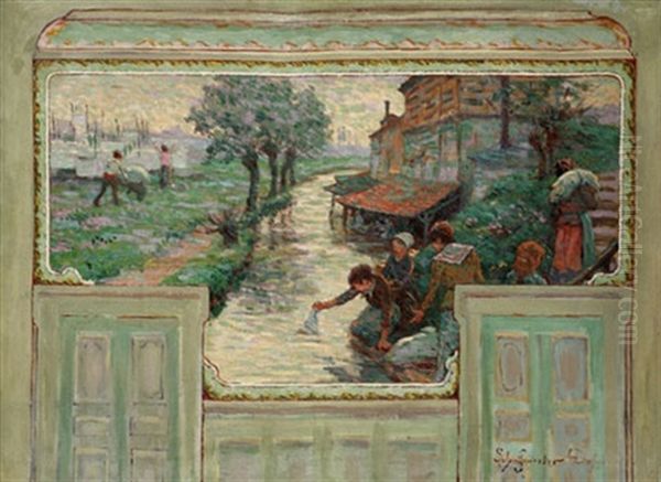 Women Doing Laundry In The River Oil Painting by Claude Emile Schuffenecker