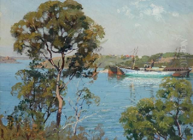 The Dutton Family Schooner Middle Harbour Oil Painting by Arthur D'Auvergne Boxall