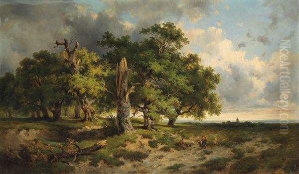 Open Landscape With Woman Gathering Brushwood Oil Painting by Dominik Schufried