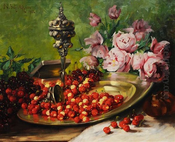 Still Life With Cherries Oil Painting by Nathalie Schultheiss