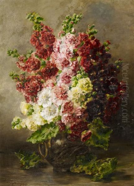 Stillleben Mit Stockrosen In Einer Vase Oil Painting by Nathalie Schultheiss