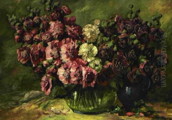 Stockrosen In Einer Vase Oil Painting by Nathalie Schultheiss