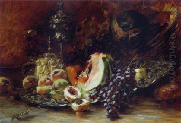 Fruchtestilleben Mit Pfirsichen, Melone Und Trauben Auf Einer Silberplatte Oil Painting by Nathalie Schultheiss