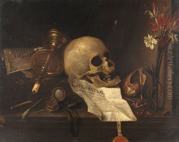 Vanitas-stillleben Mit Blumenstraus, Totenschadel Und Pergamenturkunde Oil Painting by Daniel Schultz