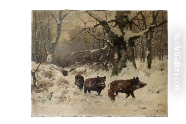 Horde De Sangliers Dans Un Paysage De Neige Oil Painting by Karl Schultze