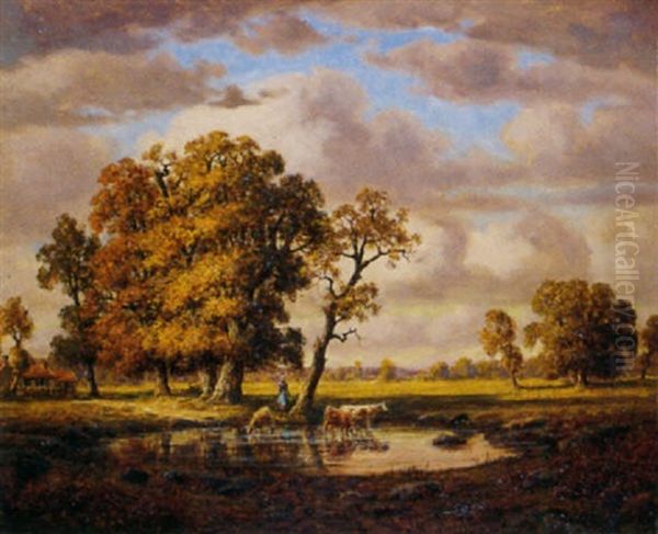 Fermiere Et Son Troupeau A La Mare Oil Painting by Adrien Schulz