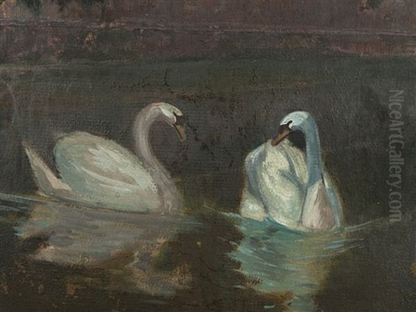 Two Swans In Front Of A Villa Oil Painting by Hans Rudolf Schulze